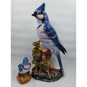 Blue Jay Bird Figurines Lot Hand Painted Ceramic Statues Signed Manna Blue White